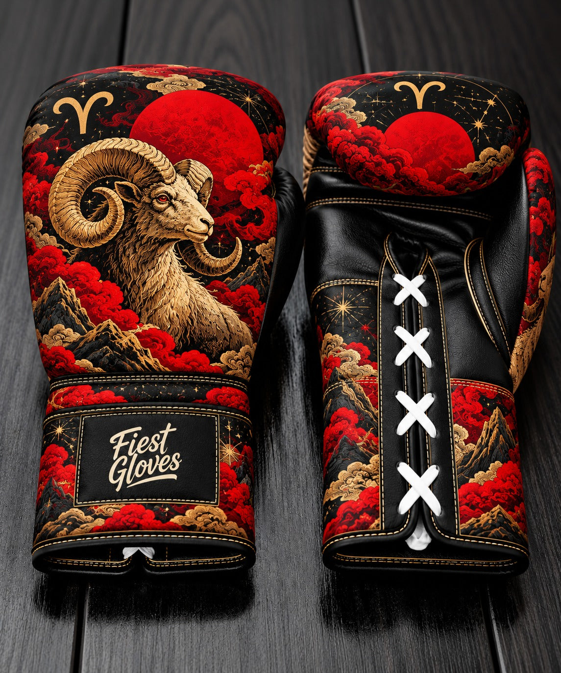 Fiest Gloves Aries Zodiac edition custom boxing gloves with golden ram and red blood moon design.