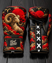Fiest Gloves Aries Zodiac edition custom boxing gloves with golden ram and red blood moon design.