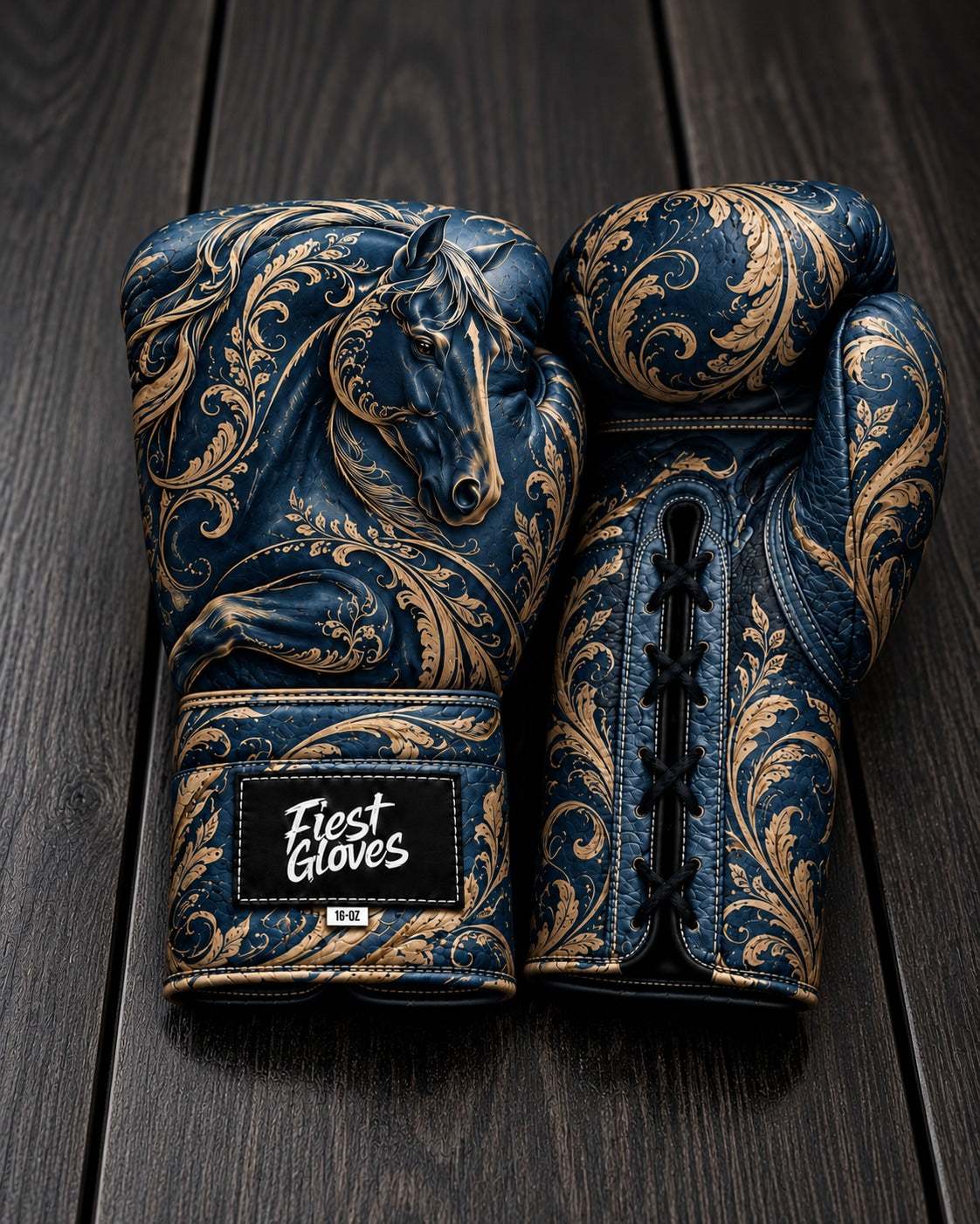 Blue leather boxing gloves with gold filigree and embossed horse design by Fiest Gloves.
