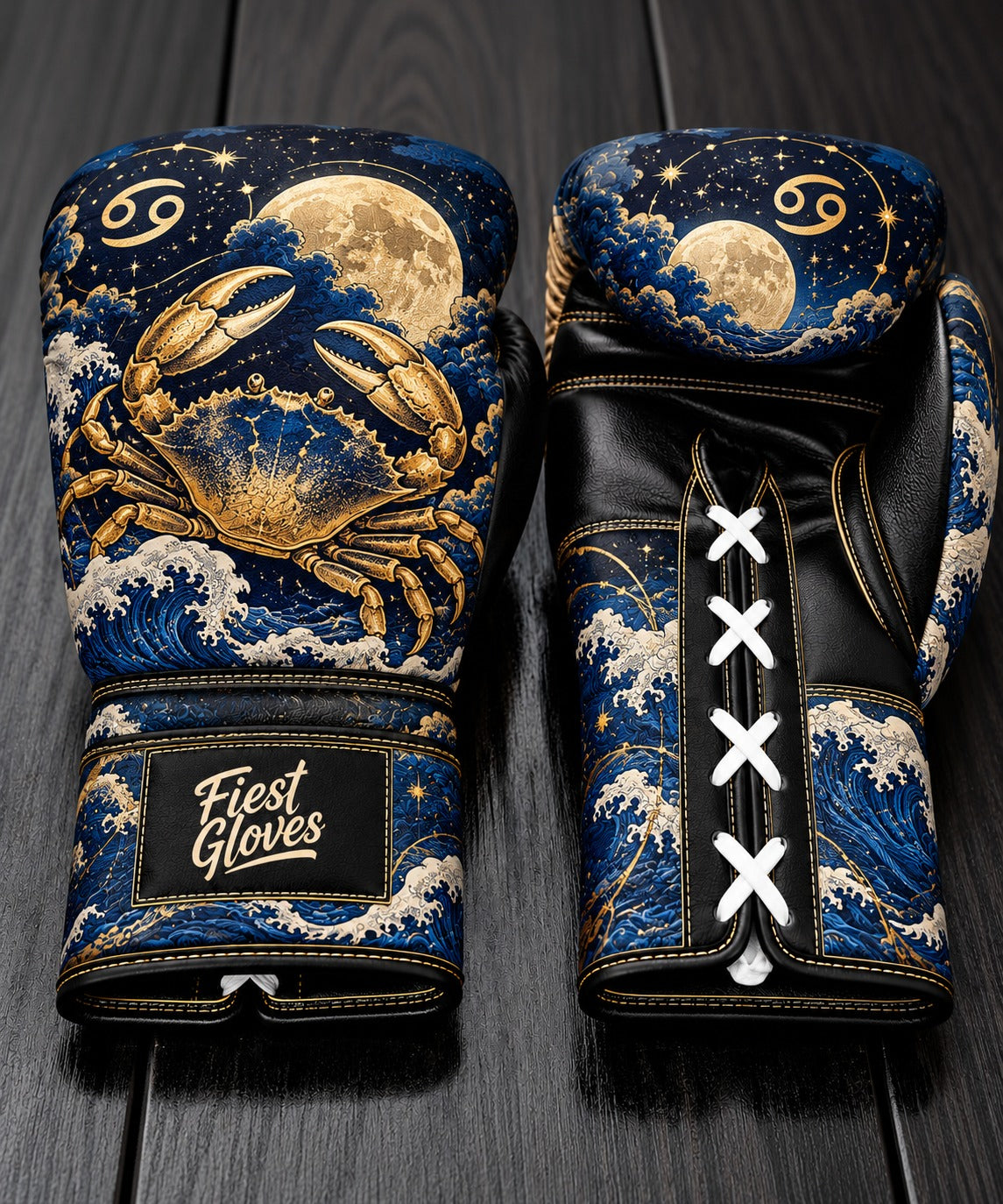 Fiest Gloves Cancer Zodiac edition custom boxing gloves with golden crab and celestial moon design.