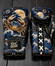 Fiest Gloves Cancer Zodiac edition custom boxing gloves with golden crab and celestial moon design.