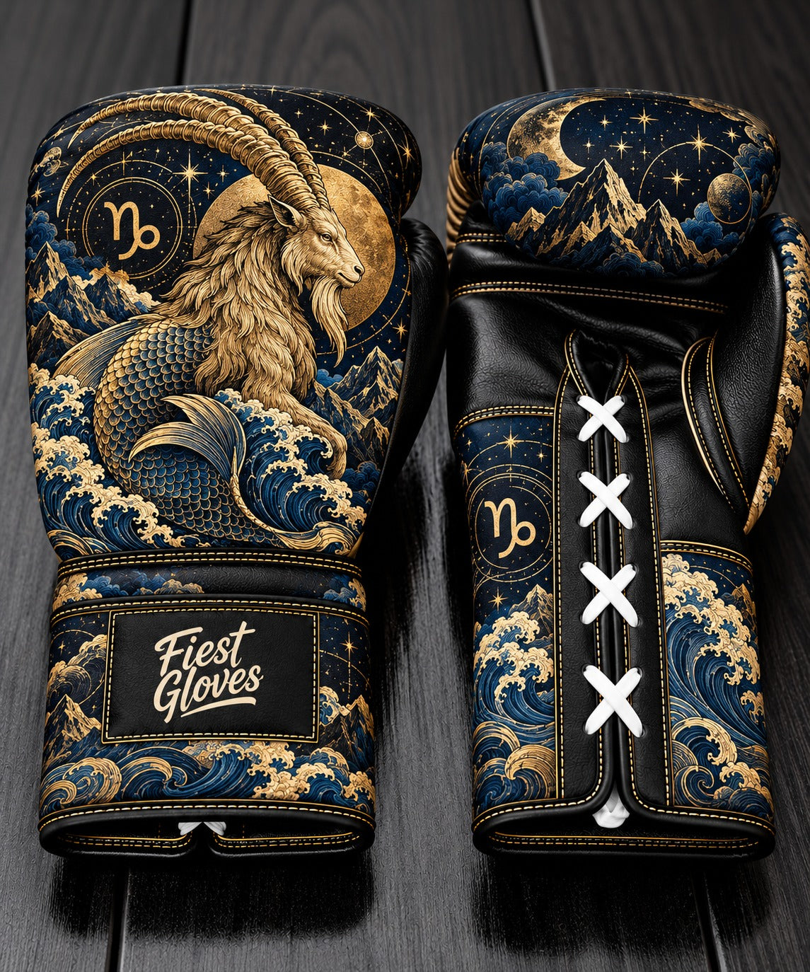 Fiest Gloves Capricorn Zodiac edition custom boxing gloves with golden sea-goat and celestial wave design.