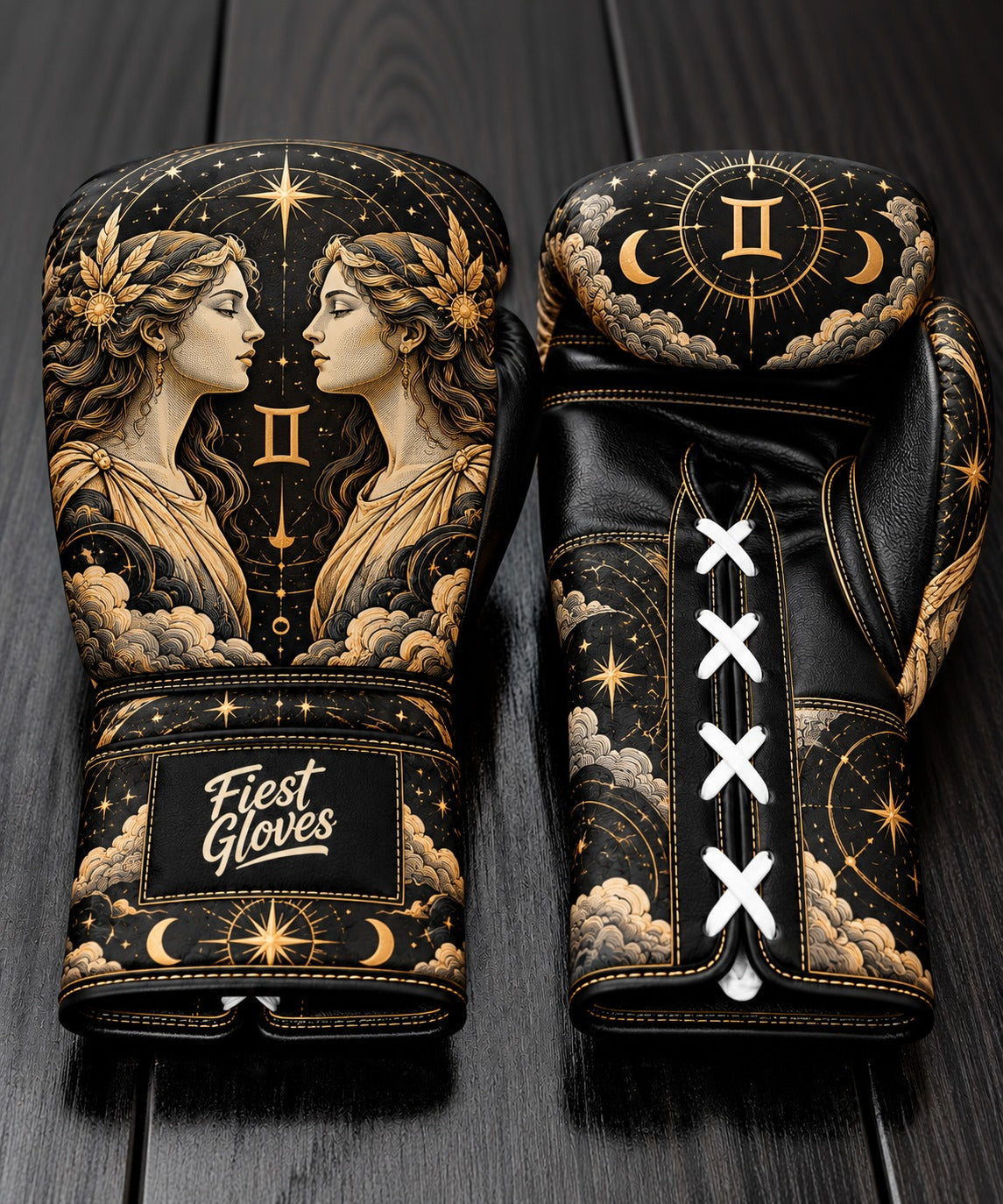 Fiest Gloves Gemini Zodiac edition custom boxing gloves with golden celestial twins design.