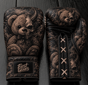 Fiest Gloves custom distressed leather boxing gloves featuring a dark gothic half-teddy bear half-horned skull art design with lace-up palm closure.