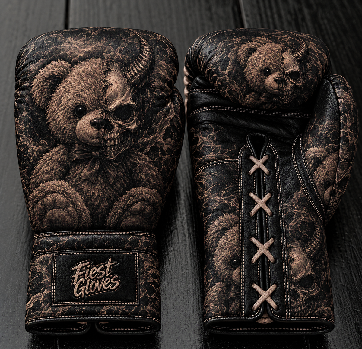 Fiest Gloves custom distressed leather boxing gloves featuring a dark gothic half-teddy bear half-horned skull art design with lace-up palm closure.