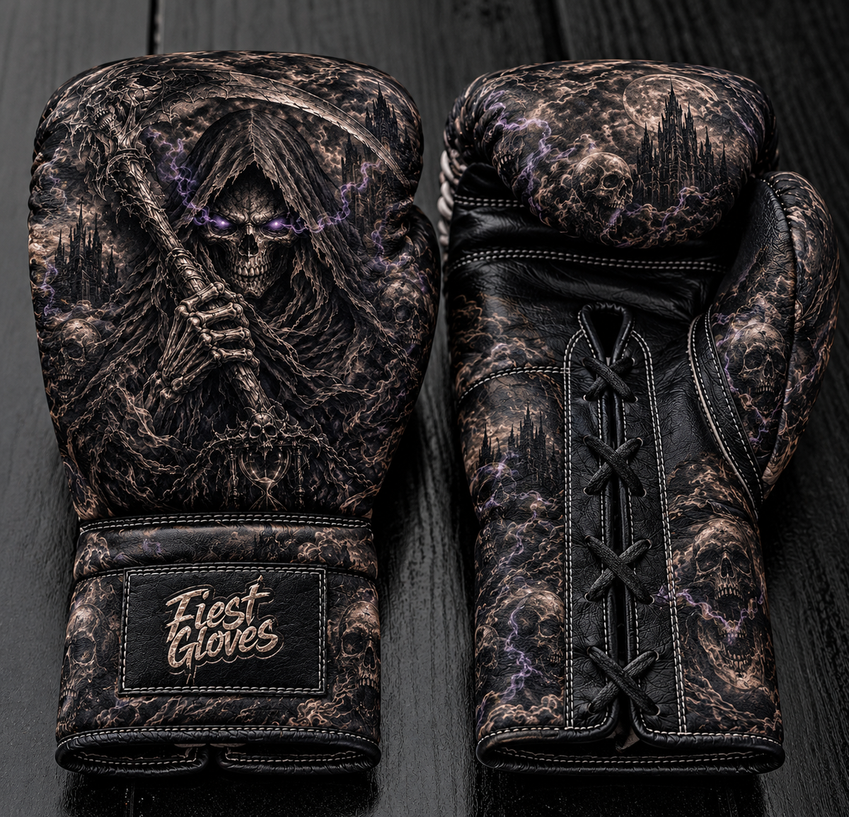 Fiest Gloves custom leather boxing gloves featuring a dark gothic Grim Reaper with glowing purple eyes, skull motifs, and a lace-up design.