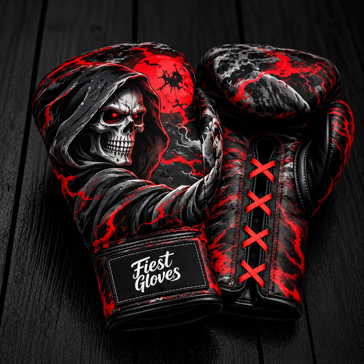 Fiest Gloves featuring a hooded Grim Reaper skull artwork with glowing red eyes against a blood-red moon, red lightning background, and red laces.