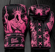 Fiest Gloves custom black and neon pink leather boxing gloves with a gritty dark fantasy crown-statue artwork design and lace-up closure.