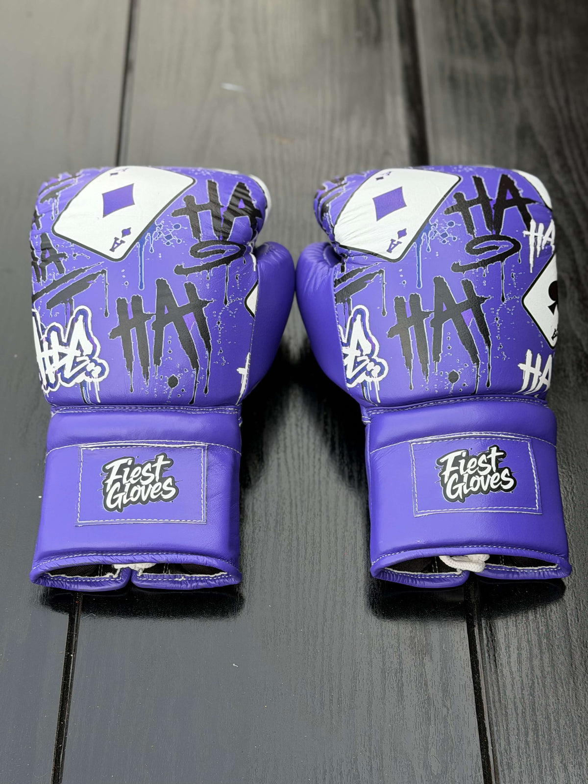 Fiest Gloves Custom Joker Theme Purple Boxing Gloves with Playing Cards and HAHA Graffiti Print Back View