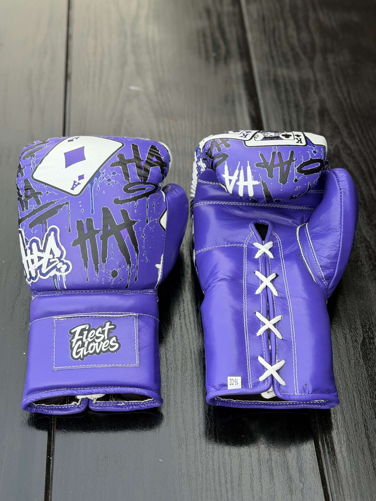 Fiest Gloves Custom Joker Theme Purple Boxing Gloves with Playing Cards and HAHA Graffiti Print Front View