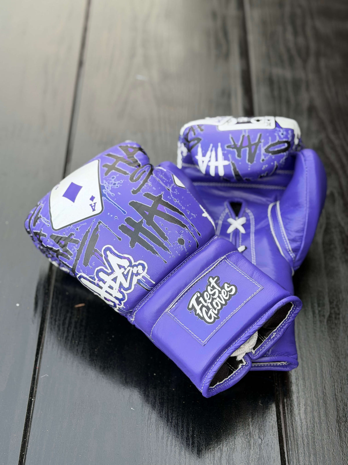 Fiest Gloves Custom Joker Theme Purple Boxing Gloves with Playing Cards and HAHA Graffiti Print