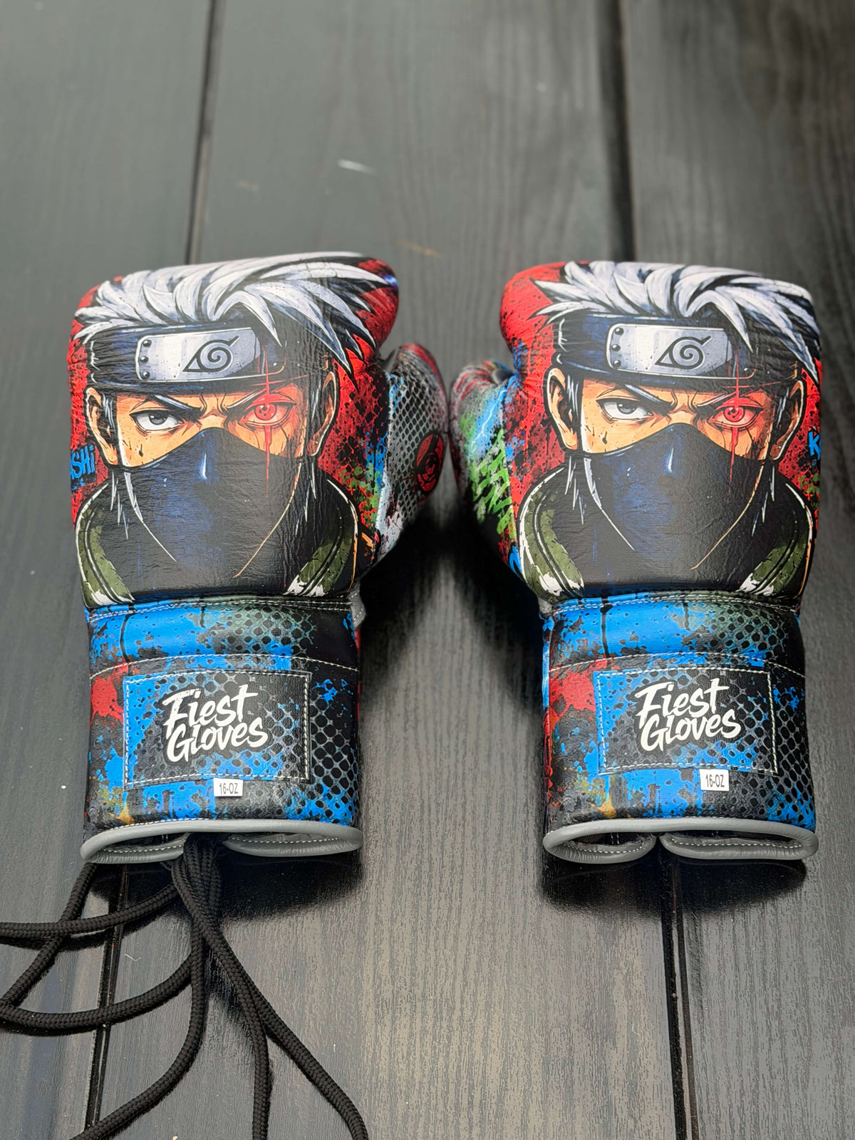 Custom Fiest Gloves boxing gloves featuring an anime Kakashi graphic design with vibrant splashes of color and a lace-up closure Back View