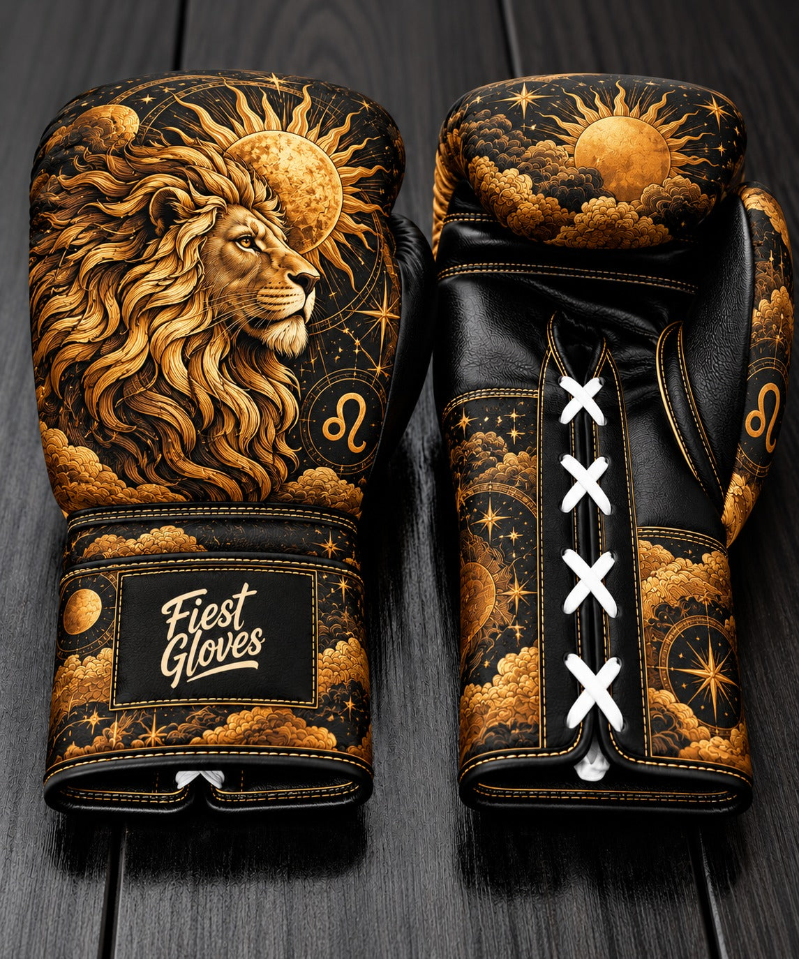 Fiest Gloves Leo Zodiac edition custom boxing gloves with golden lion and radiant sun design.