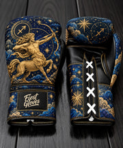 Fiest Gloves Sagittarius Zodiac edition custom boxing gloves with golden centaur archer design.
