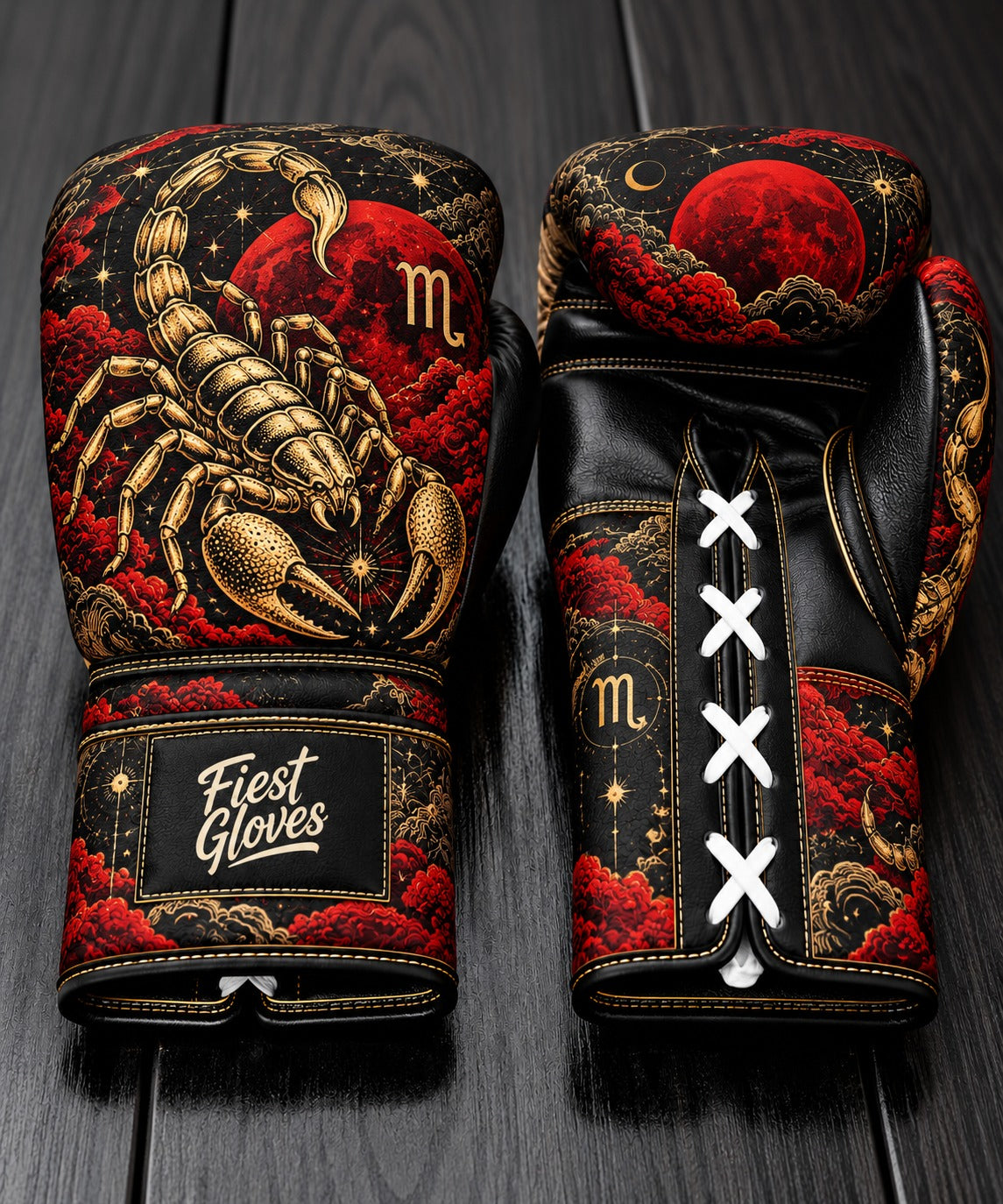 Fiest Gloves Scorpio Zodiac edition custom boxing gloves with golden scorpion and blood moon artwork.