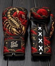 Fiest Gloves Scorpio Zodiac edition custom boxing gloves with golden scorpion and blood moon artwork.