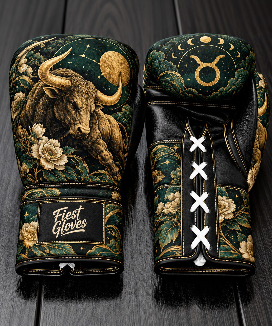 Fiest Gloves Taurus Zodiac edition custom boxing gloves with golden bull and floral celestial design.