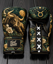 Fiest Gloves Taurus Zodiac edition custom boxing gloves with golden bull and floral celestial design.