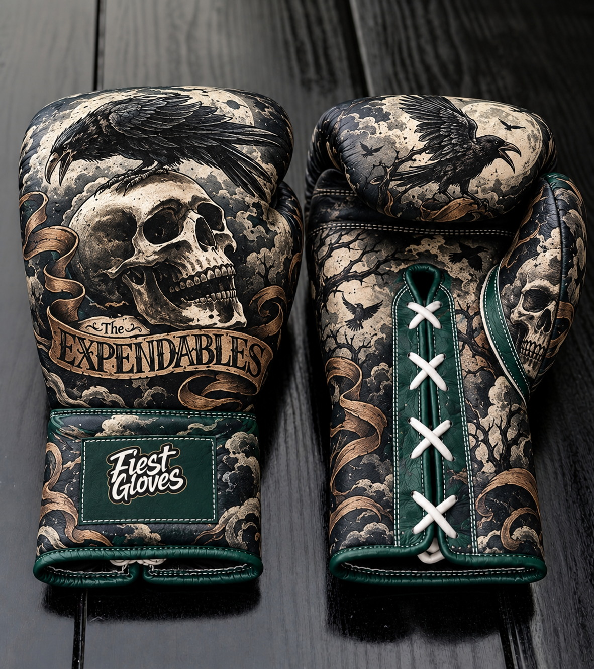 Fiest Gloves featuring a dark raven perched on a skull with a gold banner reading 'The EXPENDABLES', cloudy sky background, dark green trim, and white laces on a dark wood surface.   