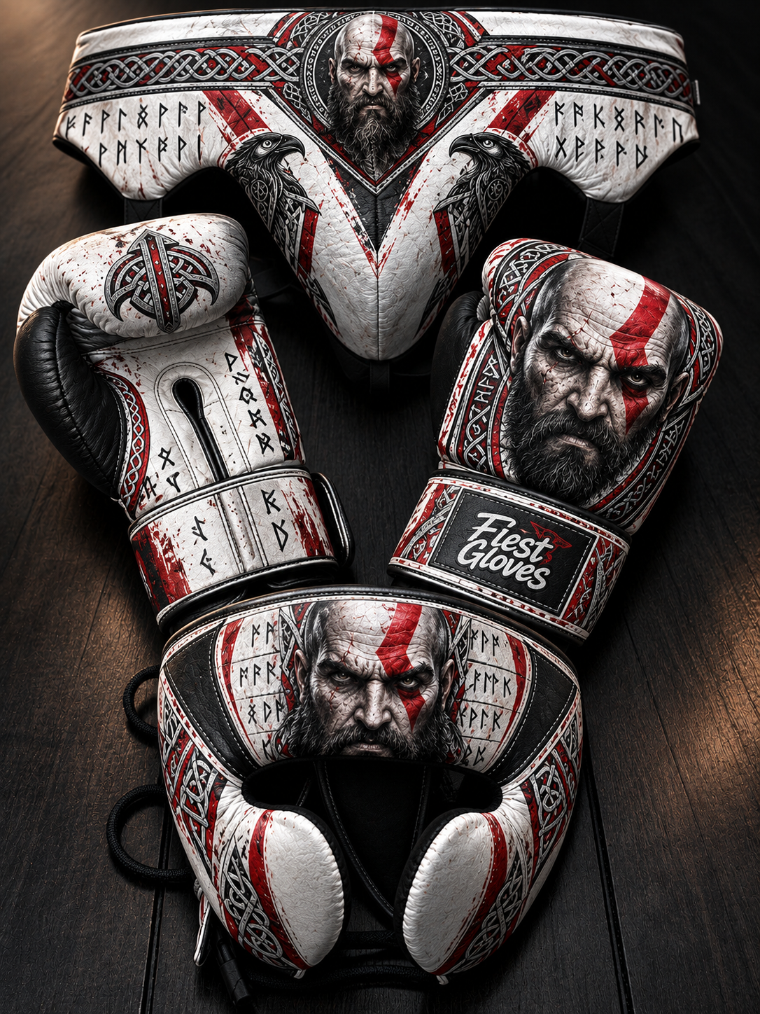 Premium God of War inspired custom boxing set featuring white, black and red Norse warrior artwork, leather boxing gloves, protective headgear and matching groin guard for training and sparring.
