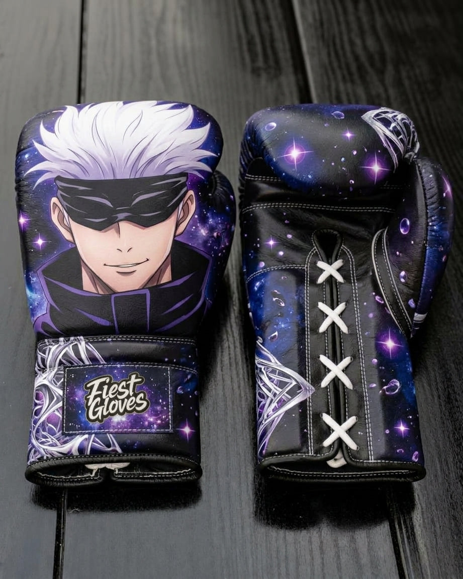 Pair of black and purple custom Fiest Gloves featuring Gojo Satoru anime graphic with blindfold and galaxy theme with lace-up palm closure.