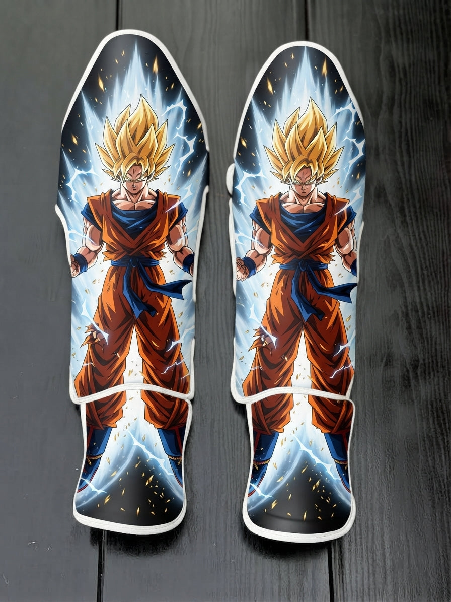 Custom Super Saiyan Goku anime design soccer shin guards displayed on a dark wooden background.