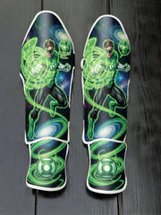 Custom Green Lantern superhero design with green energy constructs, space background, 'Brightest Day' text, and Green Lantern Corps symbol soccer shin guards displayed on a dark surface.