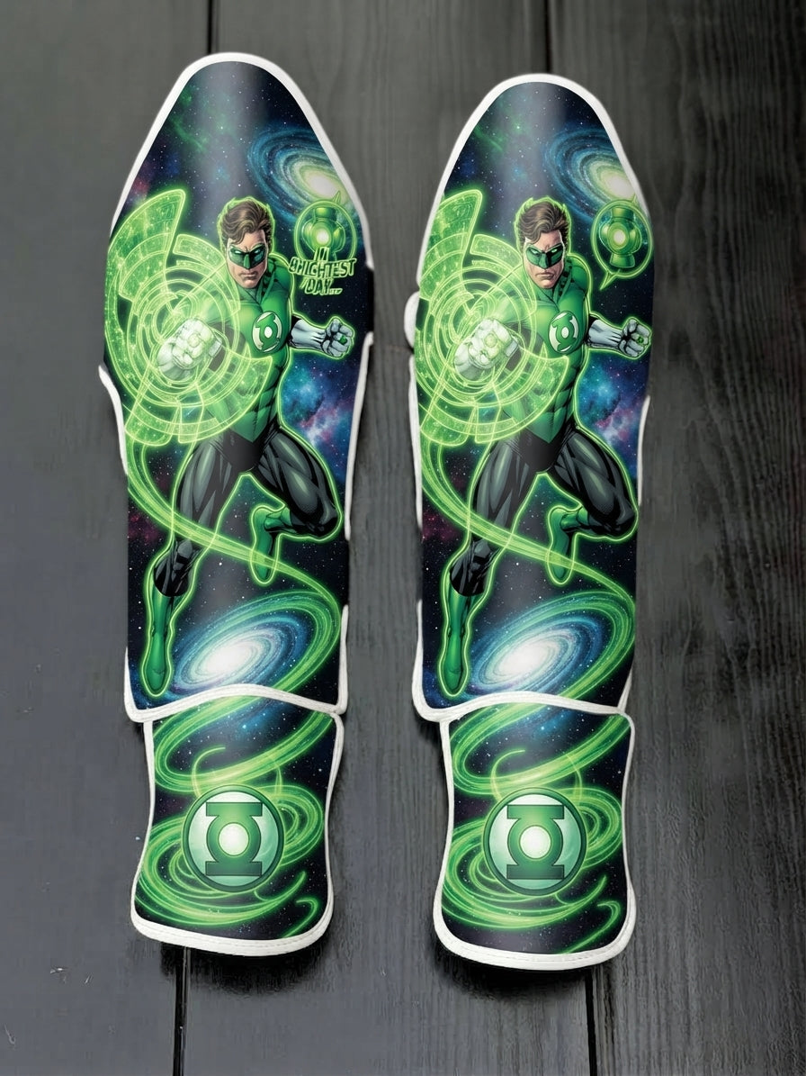 Custom Green Lantern superhero design with green energy constructs, space background, 'Brightest Day' text, and Green Lantern Corps symbol soccer shin guards displayed on a dark surface.