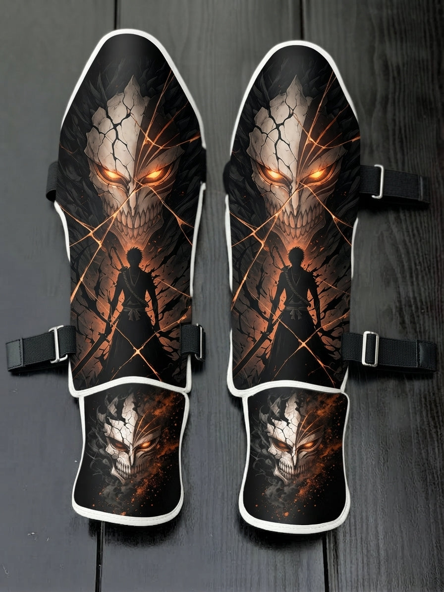 Custom Ichigo Kurosaki with Hollow mask and glowing orange cracks anime design soccer shin guards displayed on a dark surface.