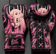 Fiest Gloves custom black and pink leather boxing gloves featuring a dark fantasy masked warrior queen with a spiky crown and lace-up closure.