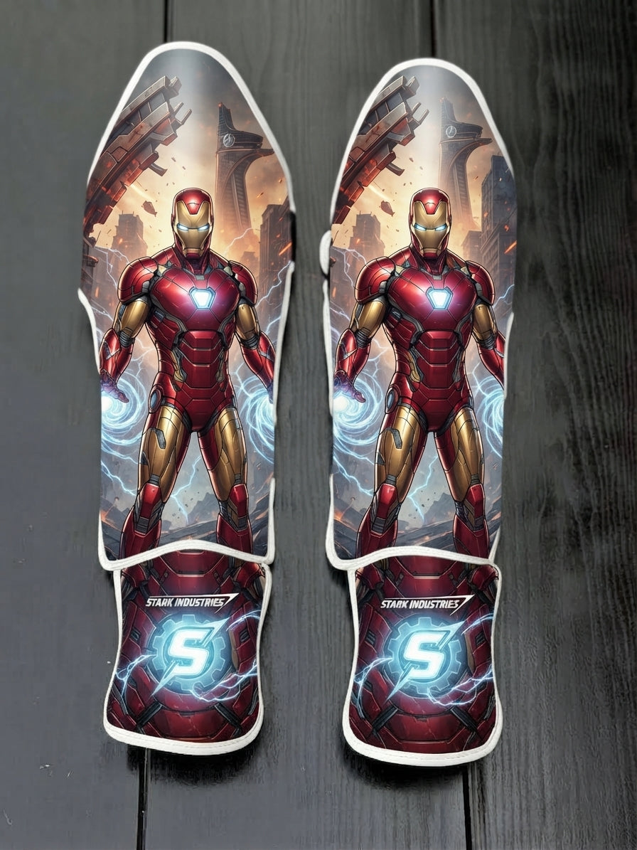 Custom Iron Man superhero design with red and gold armor, glowing arc reactor, Stark Industries futuristic cityscape, and 'S' logo shin guards displayed on a dark surface.