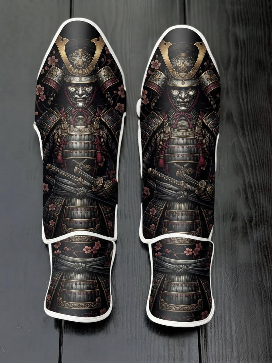 Custom Japanese samurai design with traditional ornate kabuto helmet, menacing mempo mask, layered armor, crossed katanas, and pink cherry blossom floral background soccer shin guards displayed on a dark surface.
