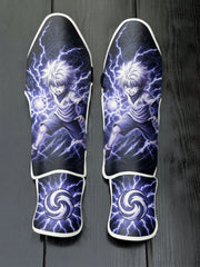 Custom Killua Zoldyck Godspeed lightning anime design with electric aura and purple thunderbolts soccer shin guards displayed on a dark surface.