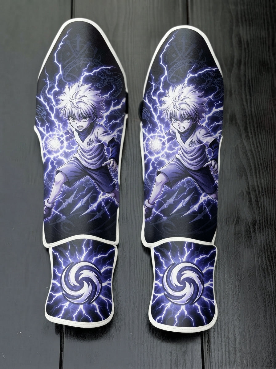 Custom Killua Zoldyck Godspeed lightning anime design with electric aura and purple thunderbolts soccer shin guards displayed on a dark surface.
