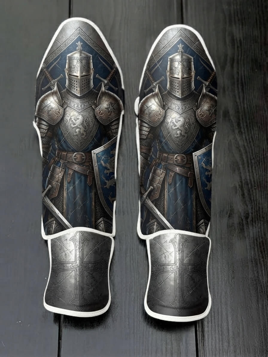 Custom medieval knight design with full steel plate armor, blue tunic, great helm, shield with lion crest, and templar cross guard soccer shin guards displayed on a dark surface.