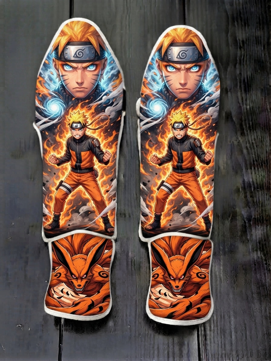 Custom Naruto Uzumaki with Kurama Nine-Tails fox anime design soccer shin guards displayed on a dark surface.