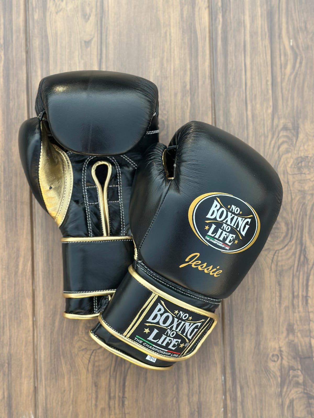 no boxing no life black/gold velcro boxing gloves back front thumb view premium leather professional training gloves