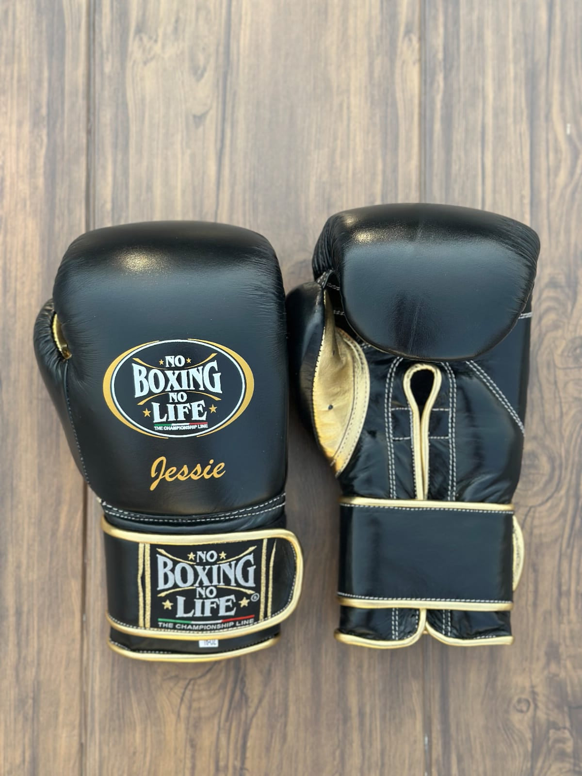 no boxing no life black/gold velcro boxing gloves back front view premium leather professional training gloves