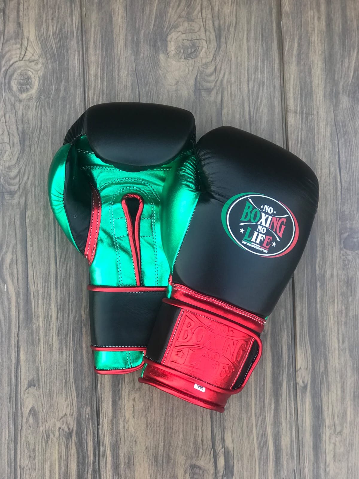 no boxing no life black/red/green boxing gloves velcro back front thumb view high quality sparring gloves