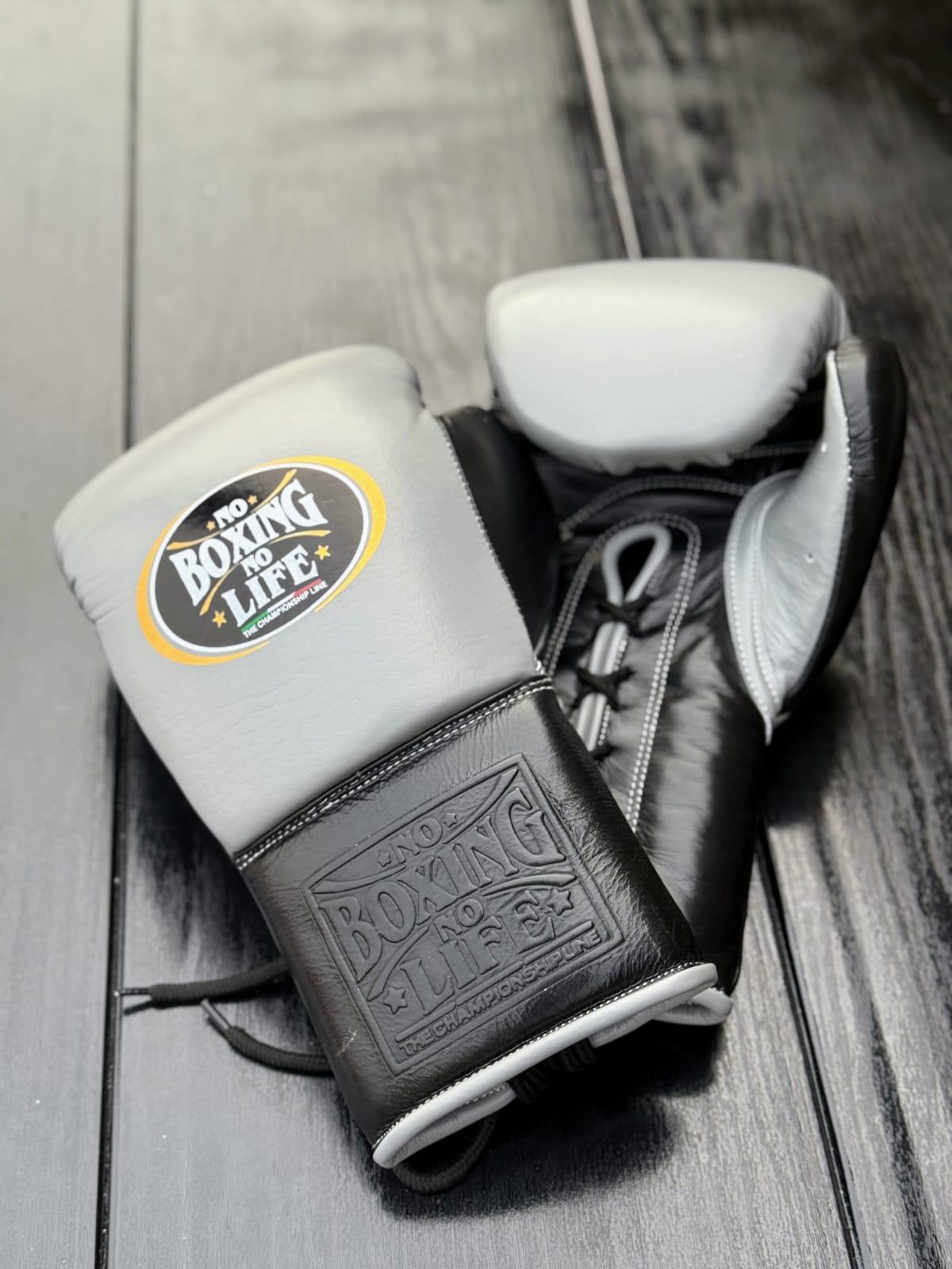 no boxing no life grey/black boxing gloves lace up back front view high quality sparring gloves