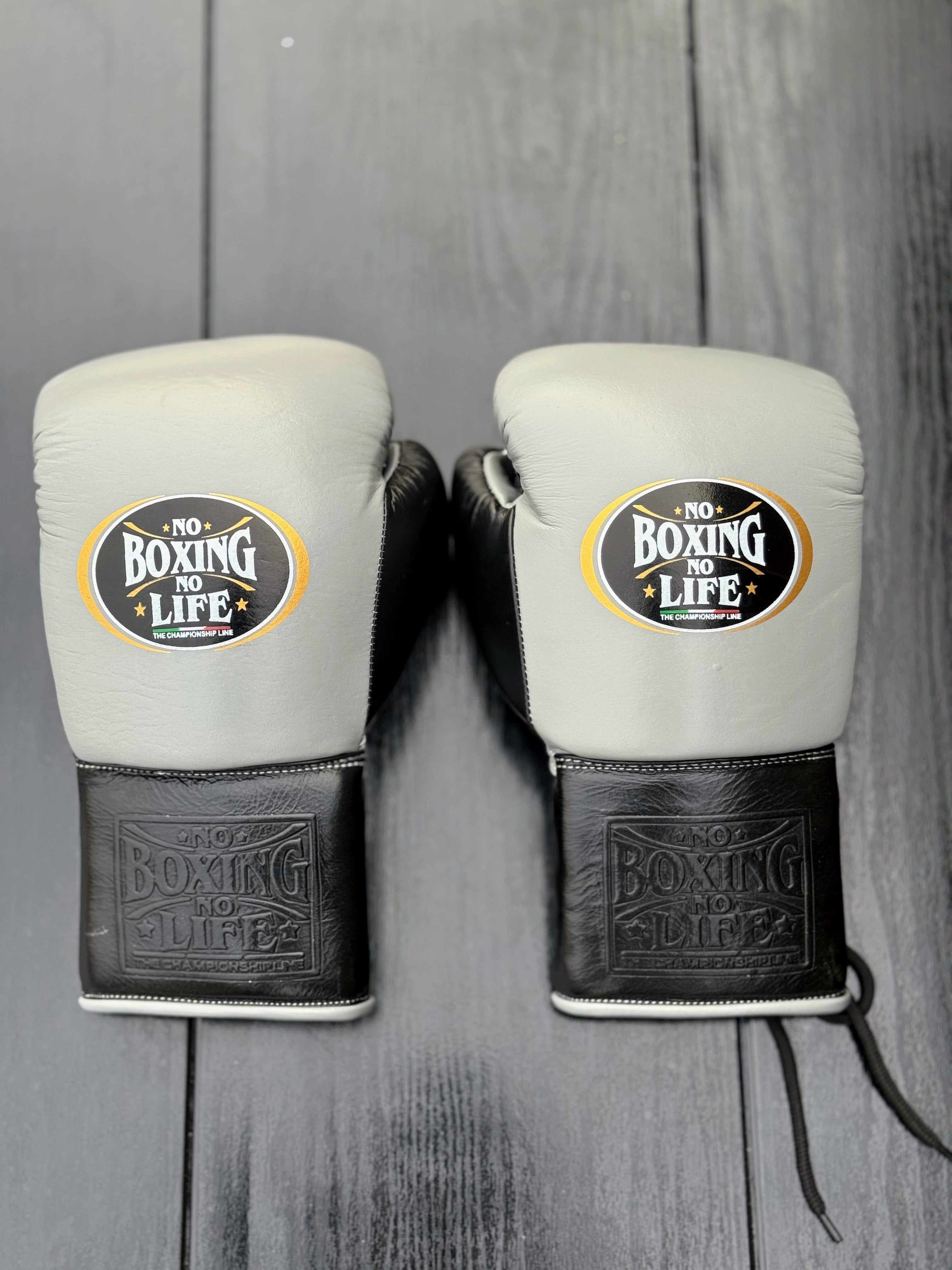 no boxing no life grey/black boxing gloves lace up back view high quality sparring gloves