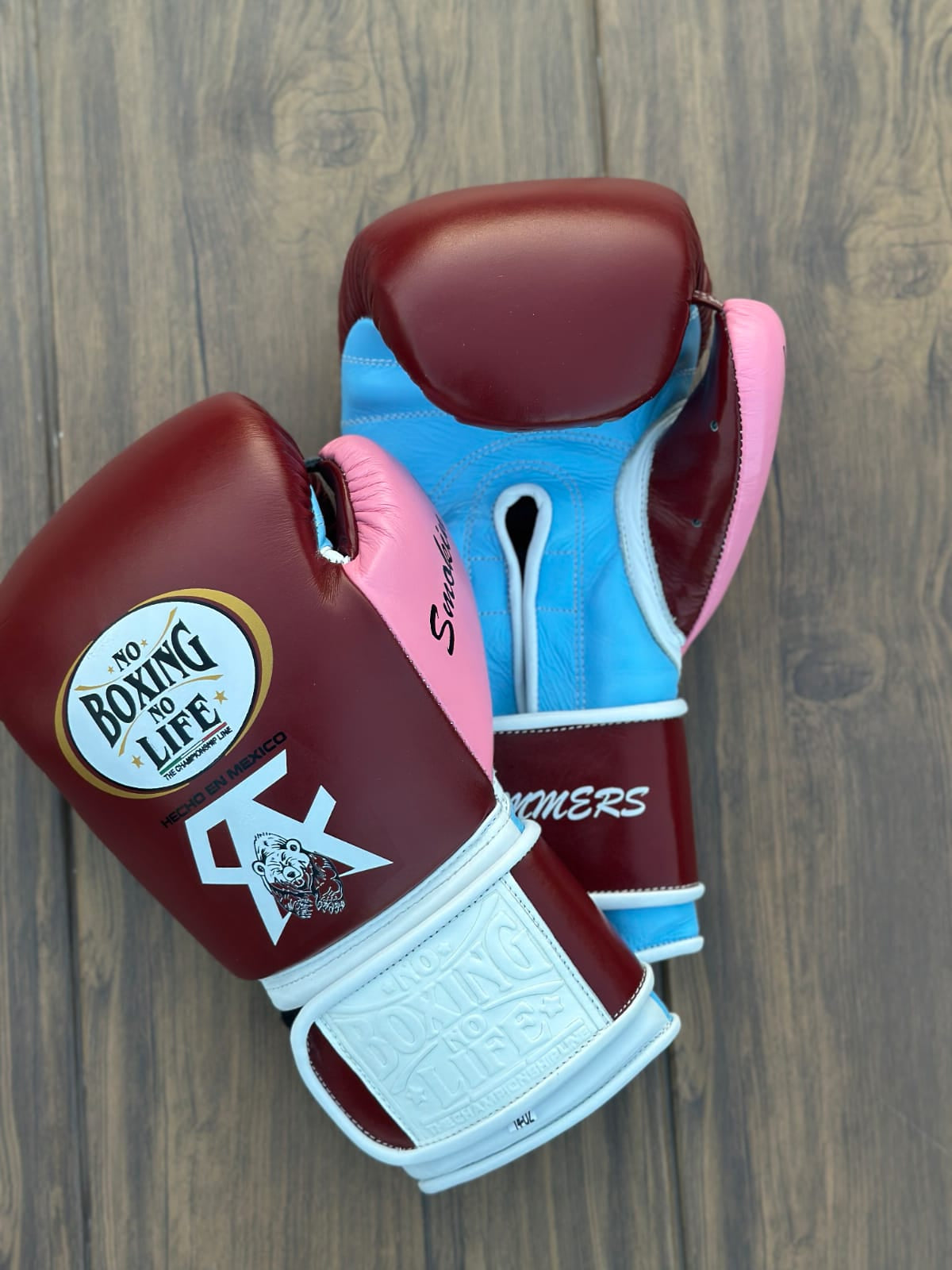 no boxing no life maroon/pink/white/blue boxing gloves back front thumb view premium fight gloves for athletes