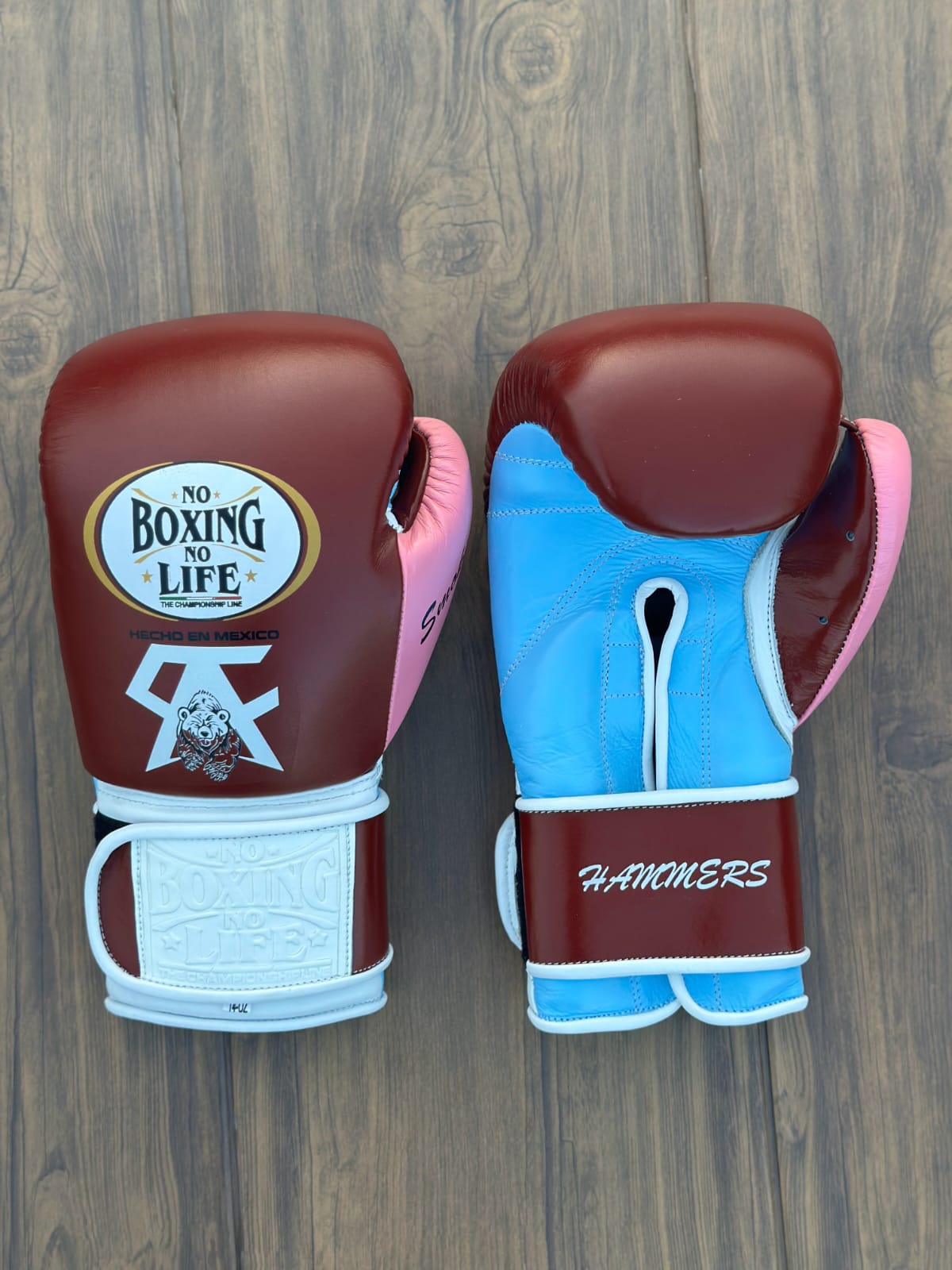 no boxing no life maroon/pink/white/blue boxing gloves back front view premium fight gloves for athletes