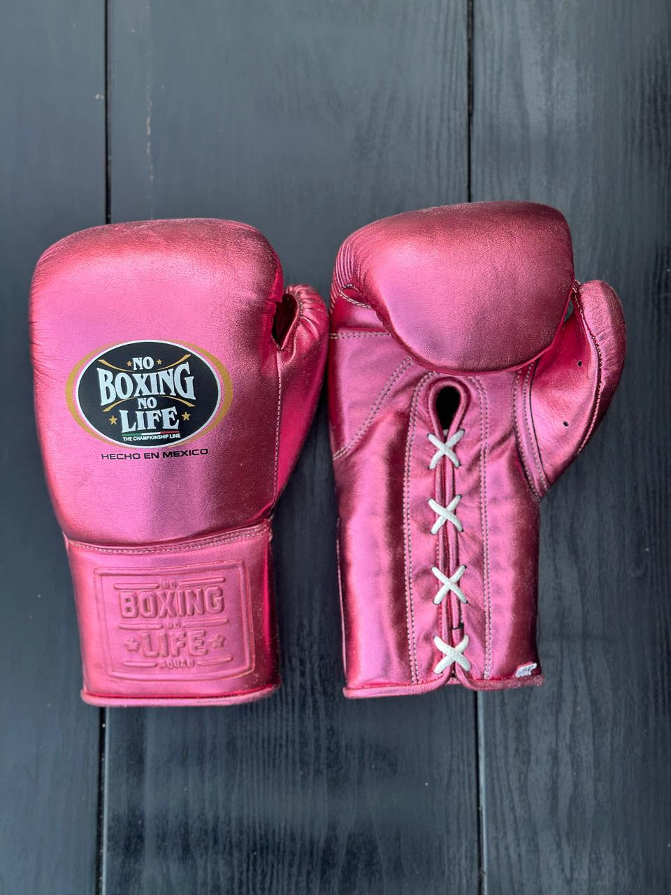 no boxing no life pink lace-up front back view boxing gloves professional boxing gear premium quality