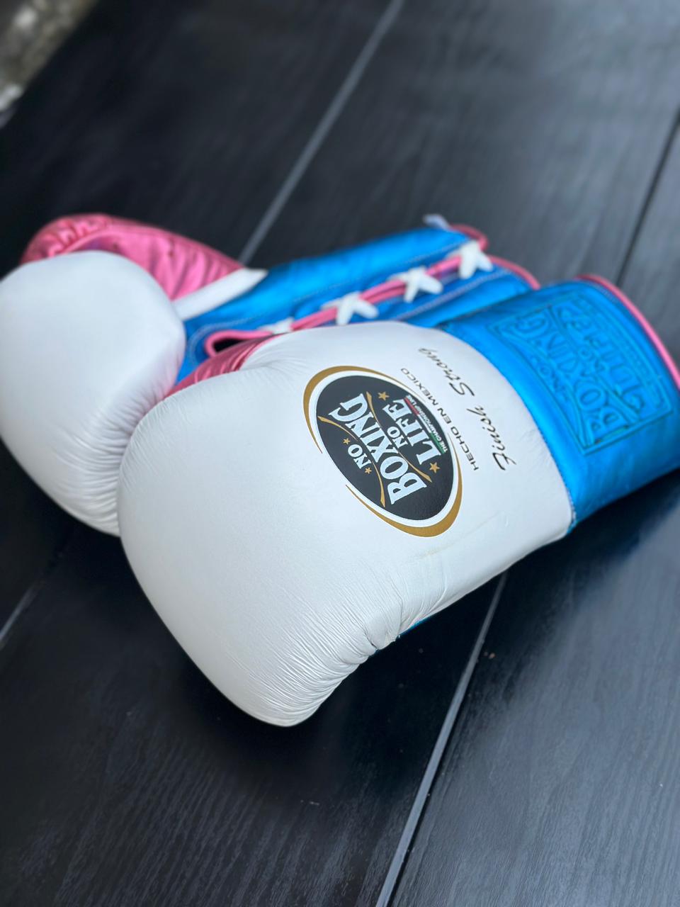 no boxing no life white/blue/pink boxing gloves back thumb view professional sparring and training gear