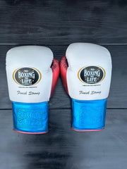 no boxing no life white/blue/pink boxing gloves back view professional sparring and training gear