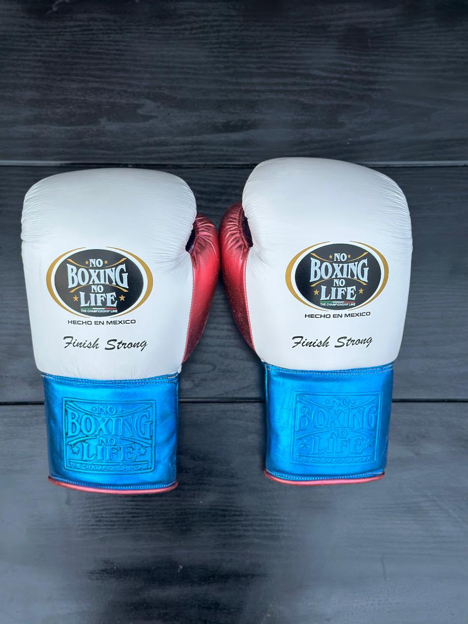 no boxing no life white/blue/pink boxing gloves back view professional sparring and training gear