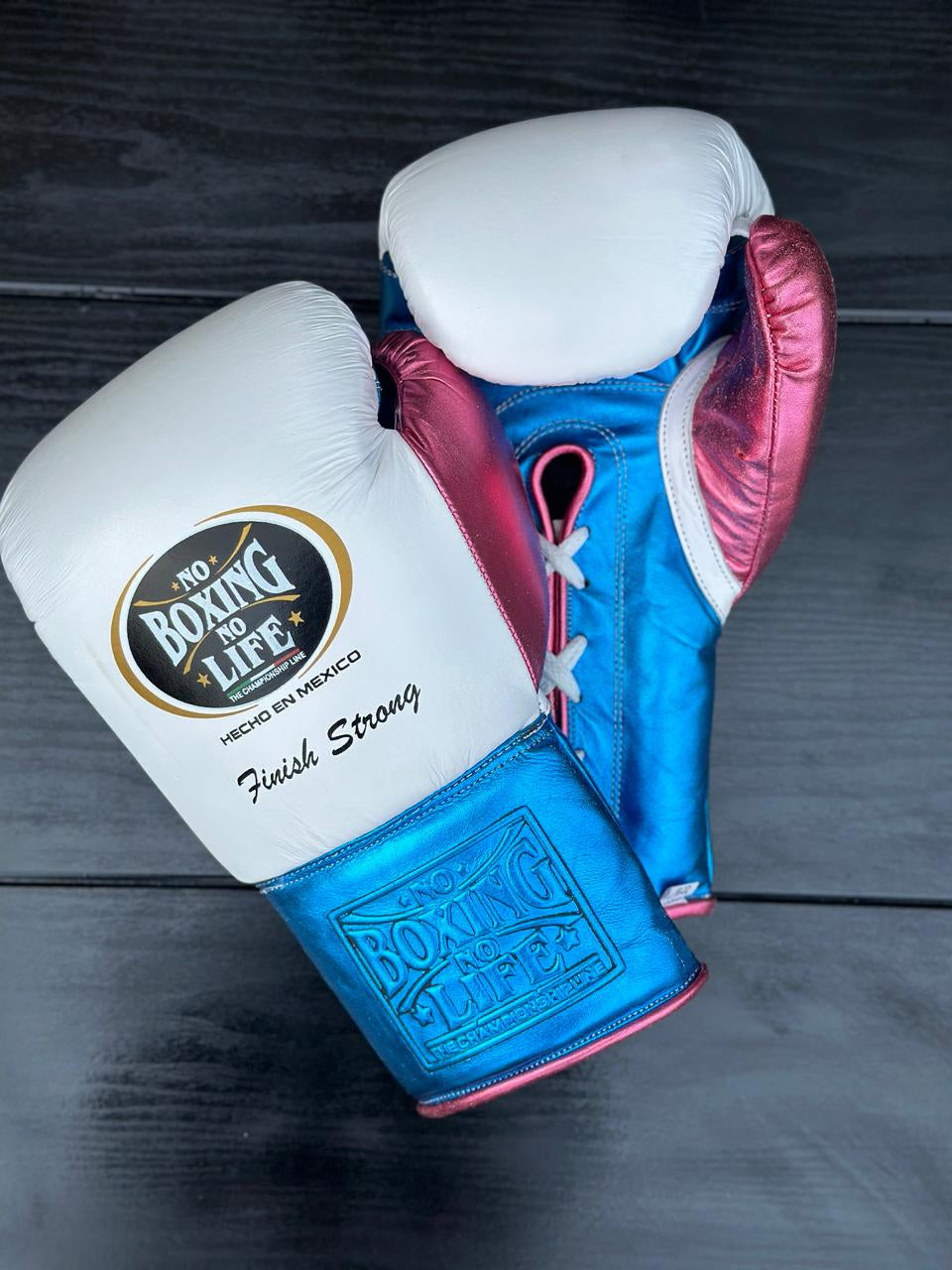 no boxing no life white/blue/pink boxing gloves front back thumb view professional sparring and training gear