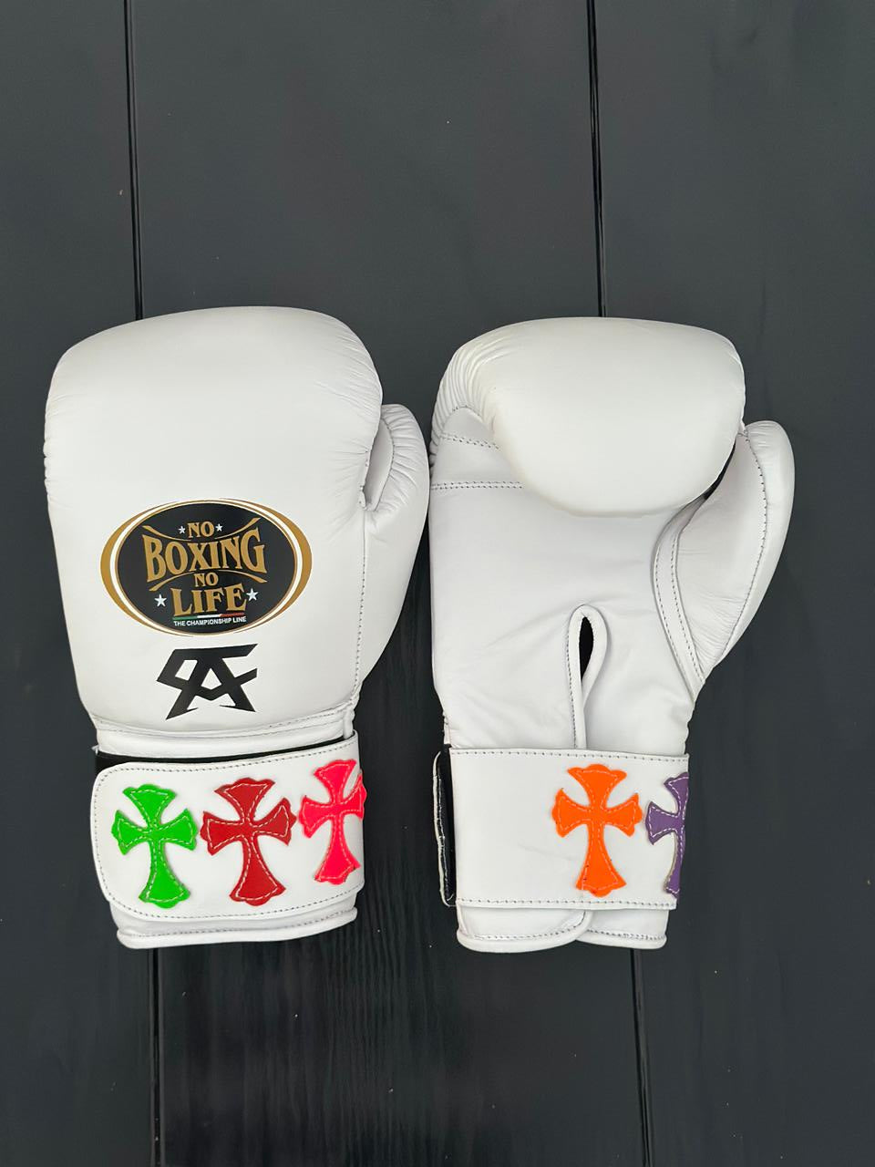 no boxing no life white chrome heart style boxing gloves back front thumb view high quality velcro boxing gloves