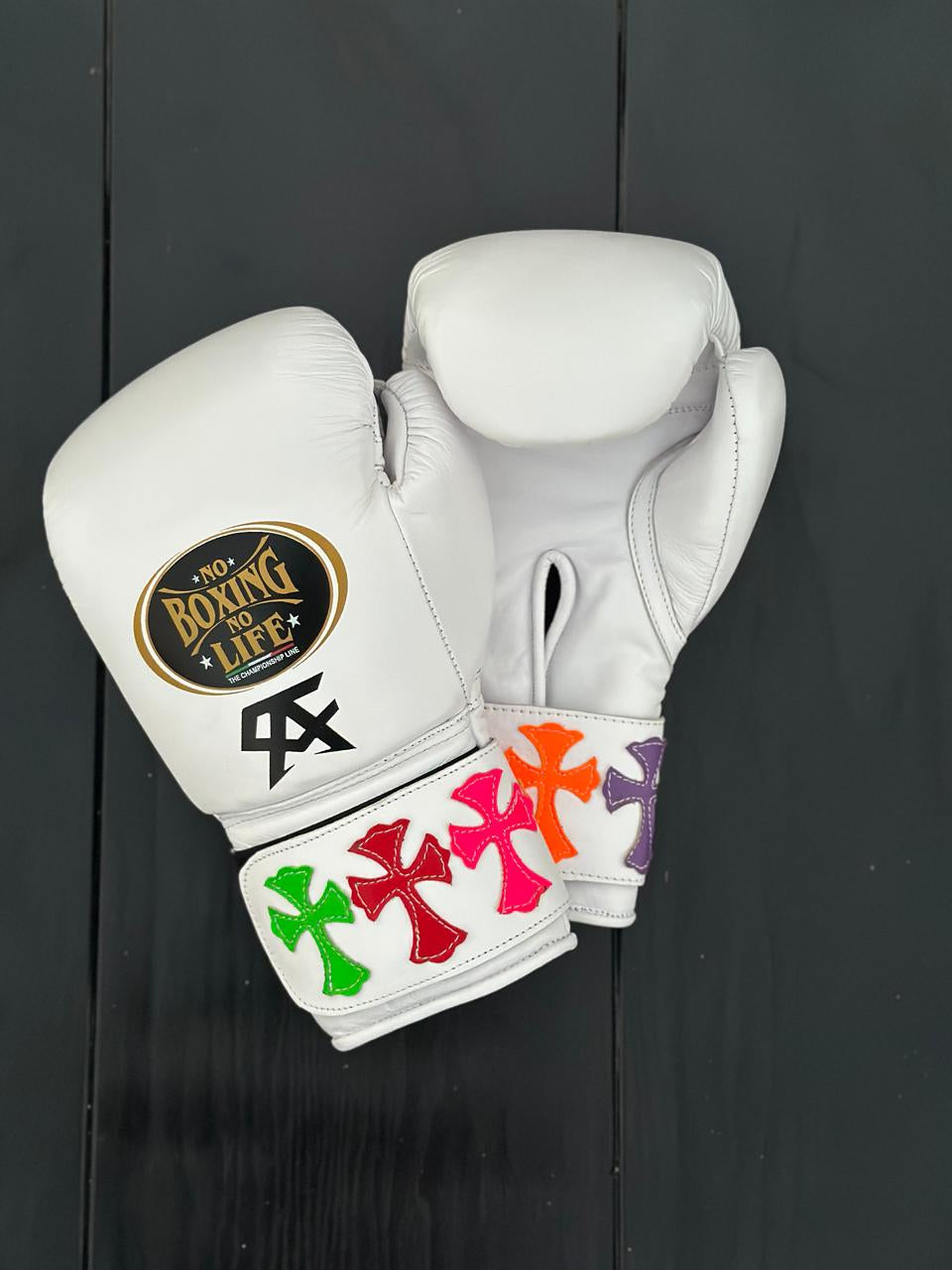 no boxing no life white chrome heart style boxing gloves back front view high quality velcro boxing gloves